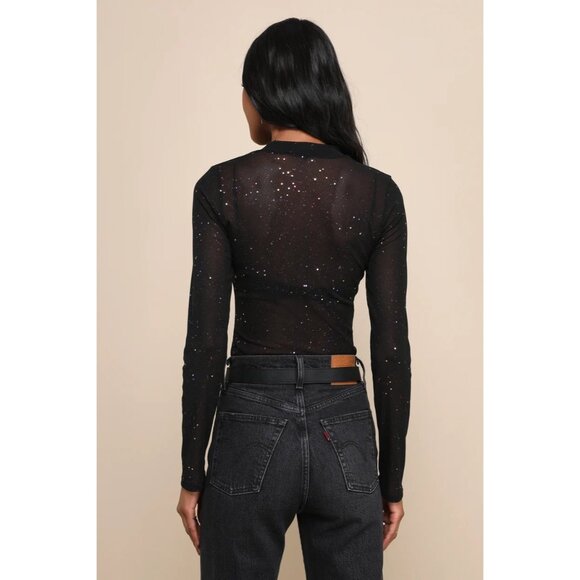 Lulus Black Sparkly Embellished Sheer Mesh Long-Sleeve Sexy Thong Bodysuit - Picture 8 of 15